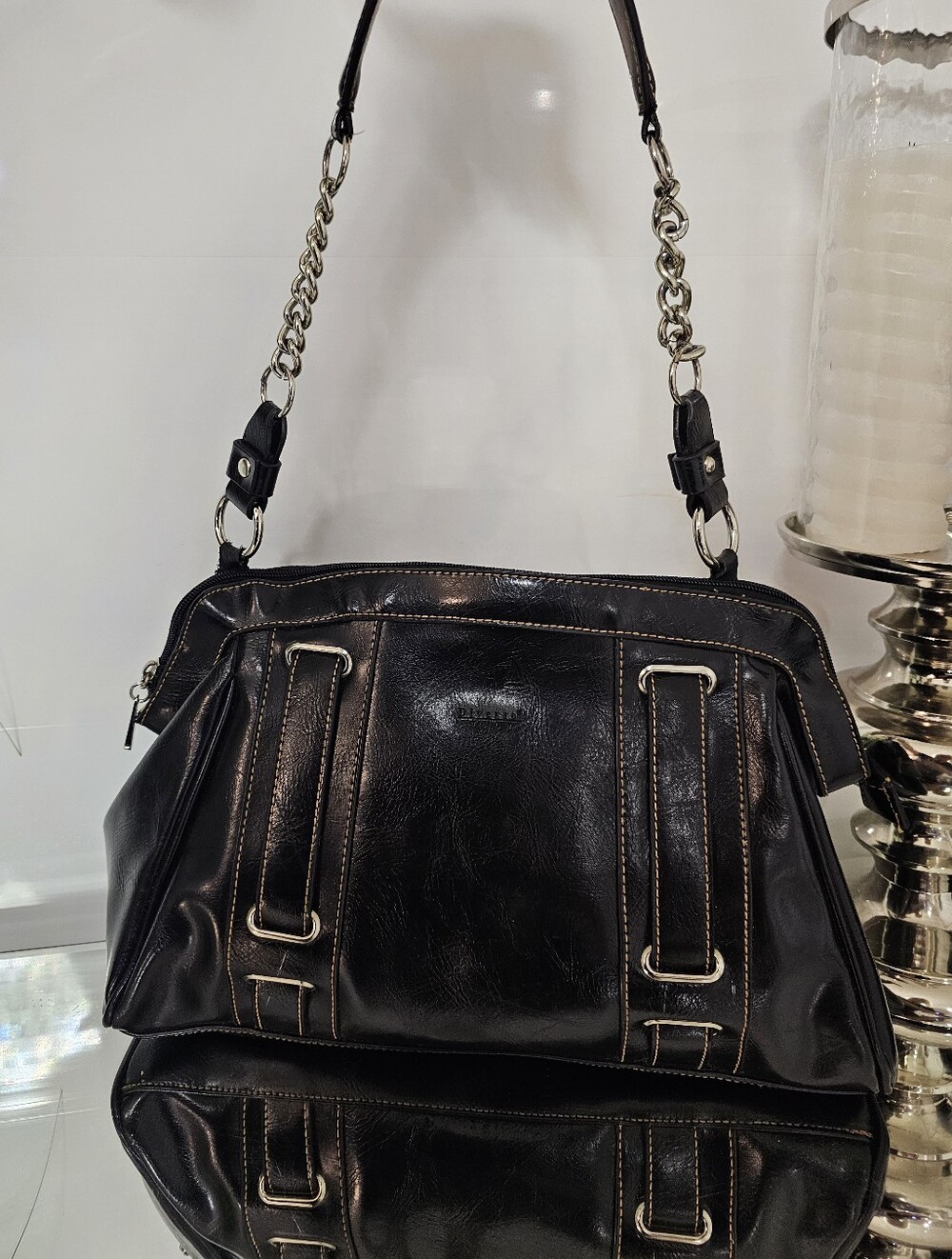 Vintage  Black Leather Shoulder Bag with Chain-Strap